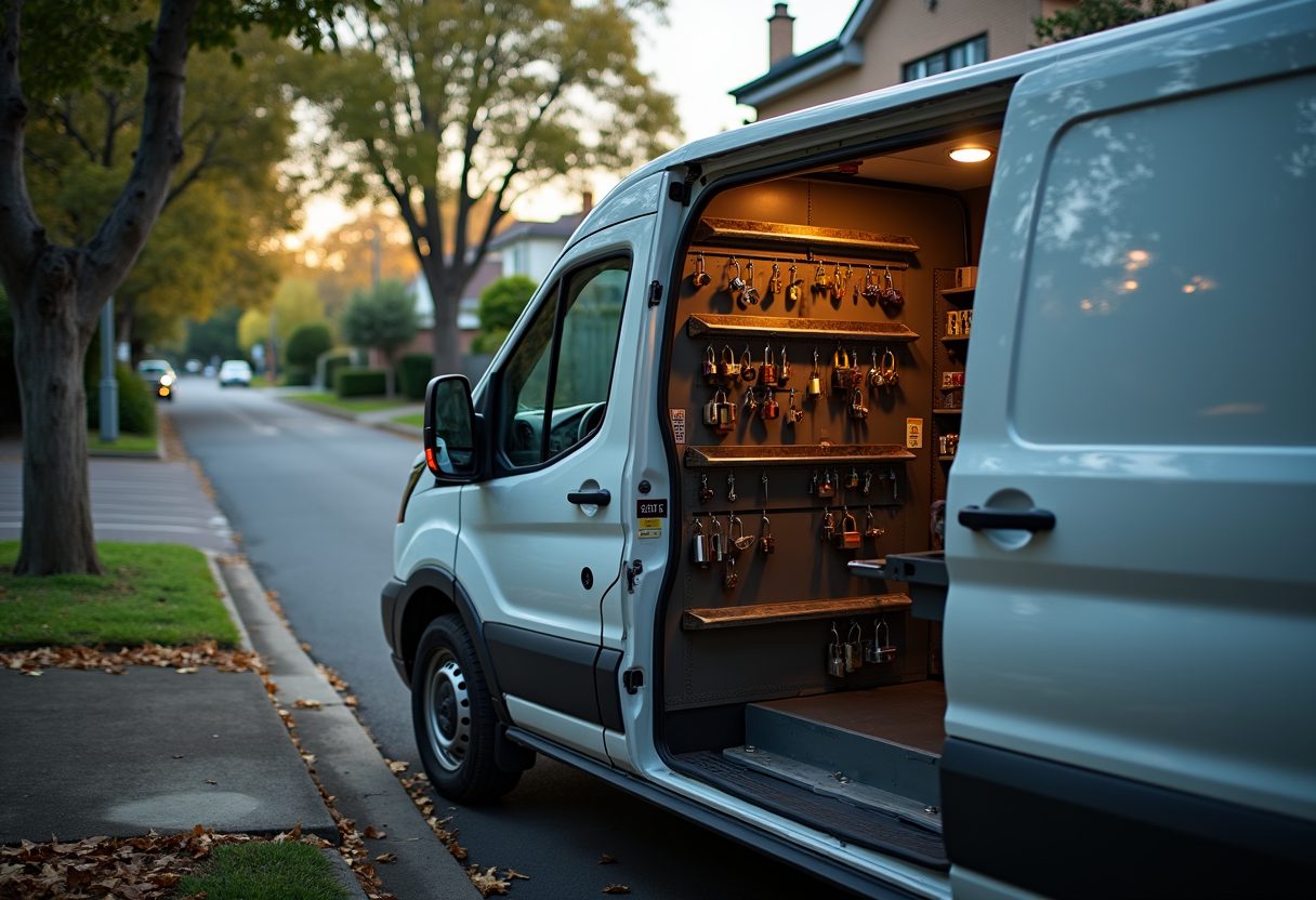 Locksmith van on a leafy North Shore street — The Ponds